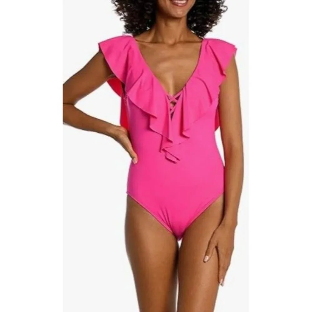 La Blanca Island Goddess Plunge Size 16 Ruffle One Piece Swimsuit Pop Pink NWT $